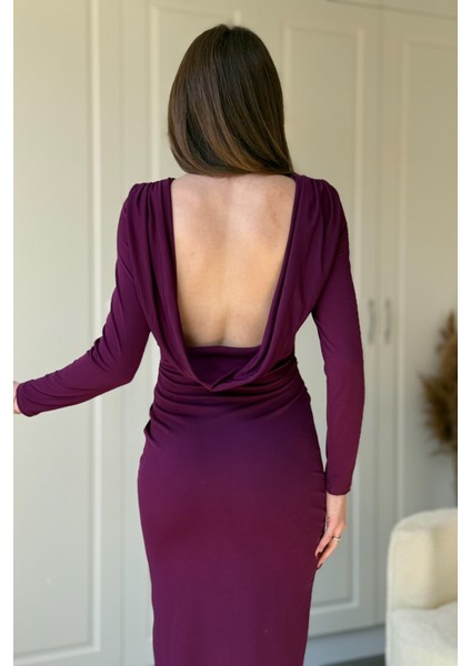 Uzun Kollu Sandy Kumaş Sırt Dekolteli Yırtmaçlı Midi Mürdüm Elbise modelleri