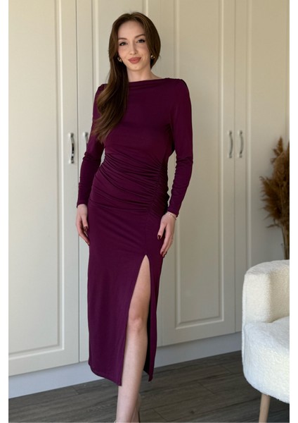 Uzun Kollu Sandy Kumaş Sırt Dekolteli Yırtmaçlı Midi Mürdüm Elbise indirimleri