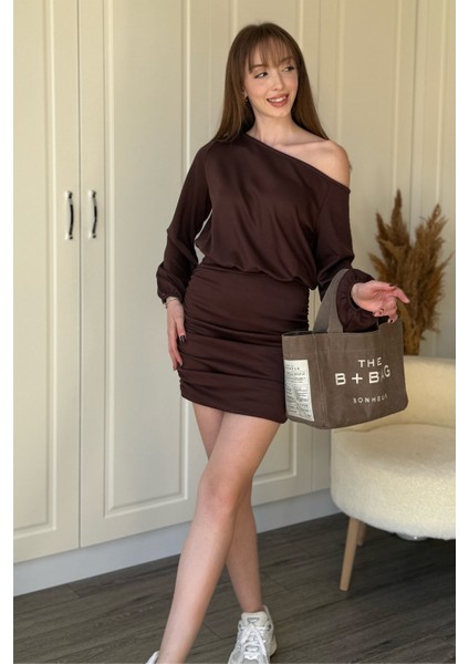 Kayık Yaka Modal Kumaş Cool Eteği Ayarlanabilir Mini Kahverengi Elbise modelleri