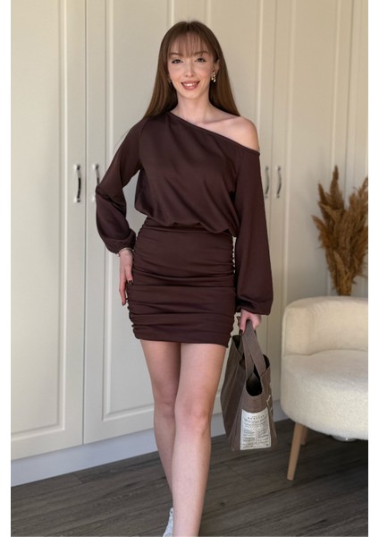 Kayık Yaka Modal Kumaş Cool Eteği Ayarlanabilir Mini Kahverengi Elbise indirimleri