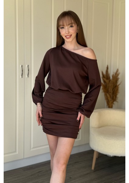 Kayık Yaka Modal Kumaş Cool Eteği Ayarlanabilir Mini Kahverengi Elbise