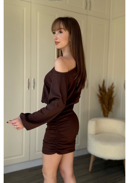 Kayık Yaka Modal Kumaş Cool Eteği Ayarlanabilir Mini Kahverengi Elbise