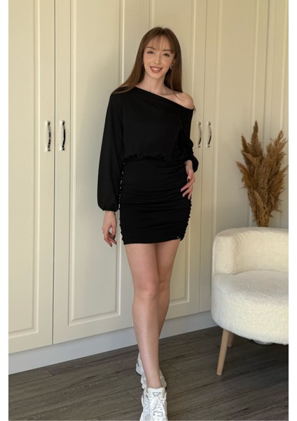 Kayık Yaka Modal Kumaş Cool Eteği Ayarlanabilir Mini Siyah Elbise fiyatları