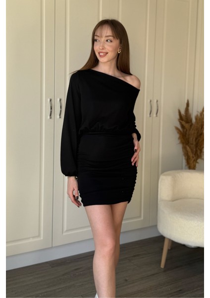 Kayık Yaka Modal Kumaş Cool Eteği Ayarlanabilir Mini Siyah Elbise modelleri