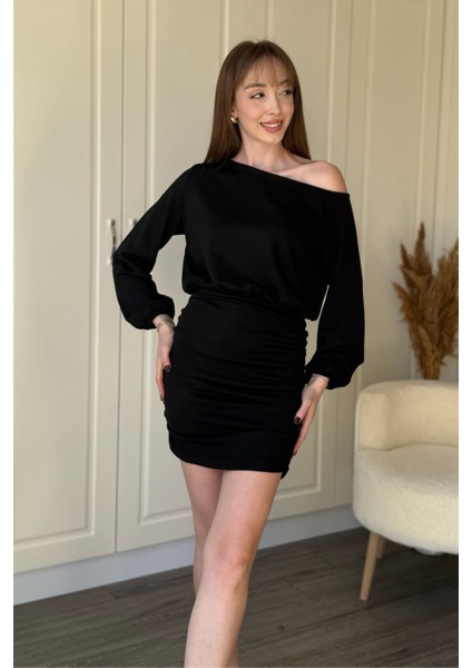 Kayık Yaka Modal Kumaş Cool Eteği Ayarlanabilir Mini Siyah Elbise fırsatları