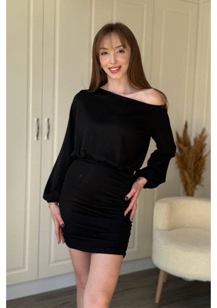 Kayık Yaka Modal Kumaş Cool Eteği Ayarlanabilir Mini Siyah Elbise