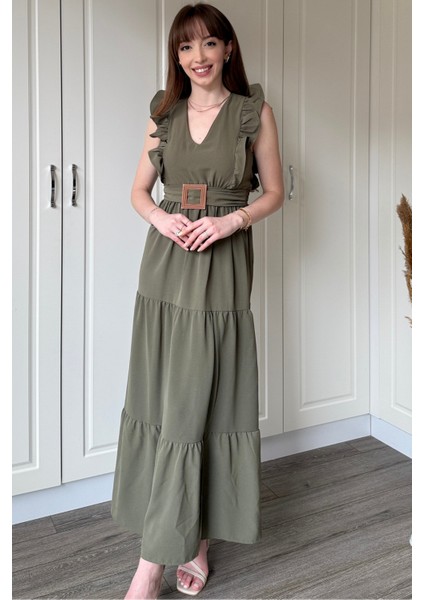 Haki Kol Fırfırlı Yırtmaçlı Uzun Elbise fiyatları