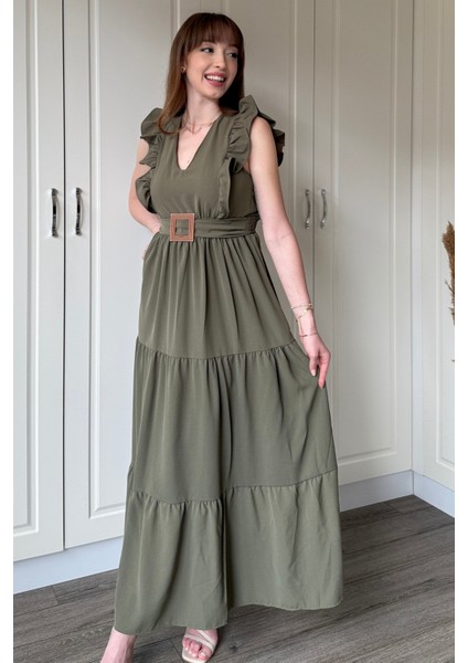 Haki Kol Fırfırlı Yırtmaçlı Uzun Elbise indirimleri