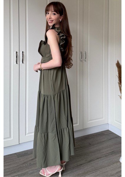 Haki Kol Fırfırlı Yırtmaçlı Uzun Elbise