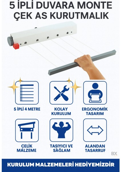 Buğz Ergonomik Çamaşırlık 5 Metre 5 Ip, Kaliteli Ipler, Önce Çek Sonra Sabitle, Kurulum Dahil