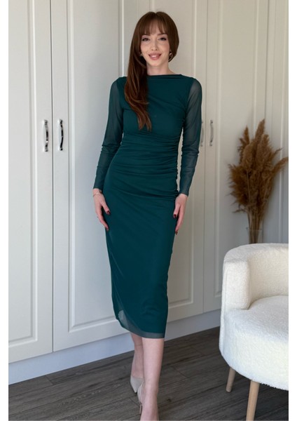 Drapeli Uzun Kol Yeşil Midi Tül Elbise fırsatları