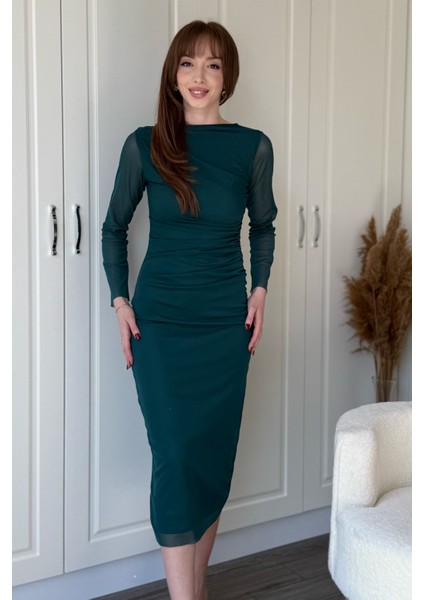 Drapeli Uzun Kol Yeşil Midi Tül Elbise