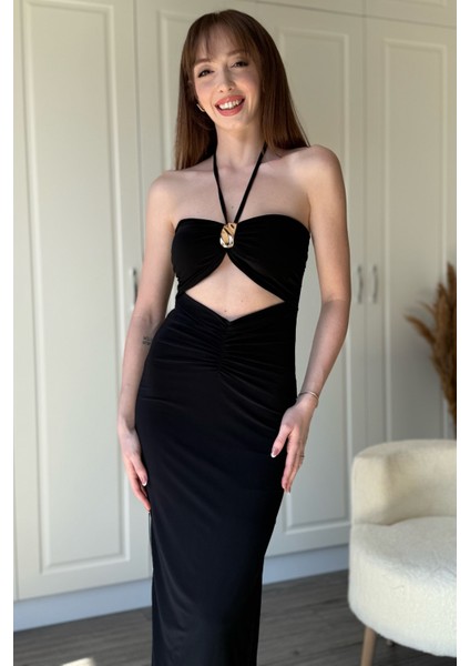 Boyundan Bağlamalı Yırtmaçlı Aksesuarlı Siyah Elbise indirimleri