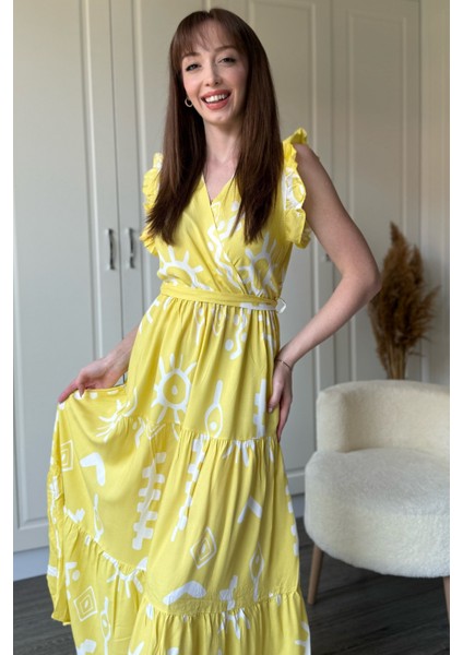 Kruvaze Sarı Desenli Midi Elbise modelleri