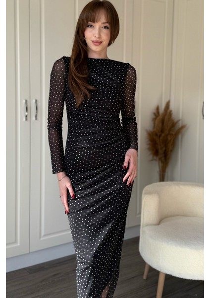 Drapeli Uzun Kol Puantiyeli Midi Tül Elbise modelleri