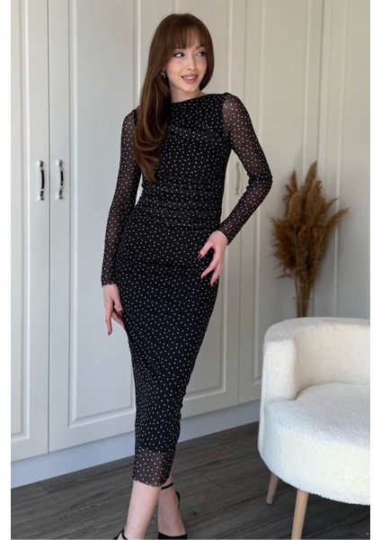 Drapeli Uzun Kol Puantiyeli Midi Tül Elbise