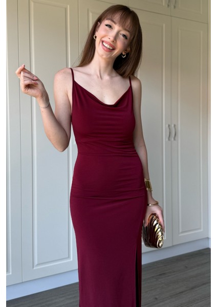 Sandy Kumaş Degaje Yaka Bordo Uzun Elbise fiyatları