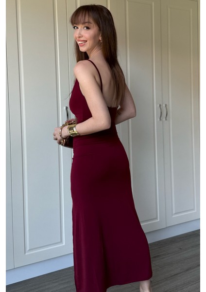 Sandy Kumaş Degaje Yaka Bordo Uzun Elbise indirimleri