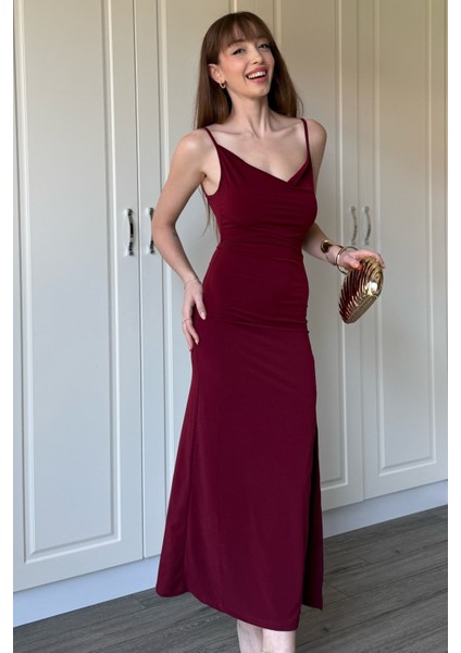 Sandy Kumaş Degaje Yaka Bordo Uzun Elbise