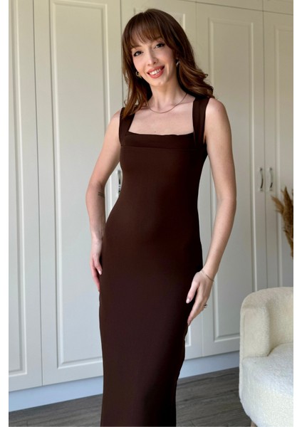 Kahverengi Askılı Maxi Elbise