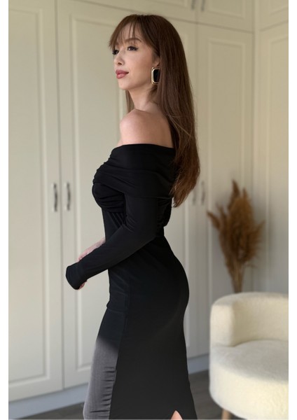 Omuz Detaylı Vücudu Saran Midi Siyah Elbise fiyatları