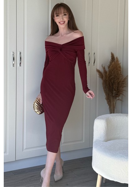 Omuz Detaylı Vücudu Saran Midi Bordo Elbise fiyatları