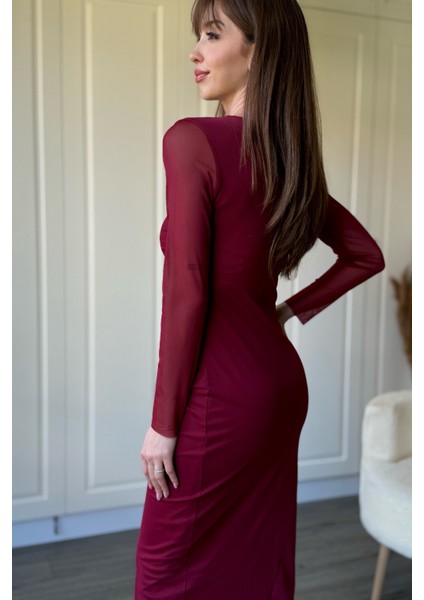 Drapeli Uzun Kollu Bordo Tül Elbise modelleri