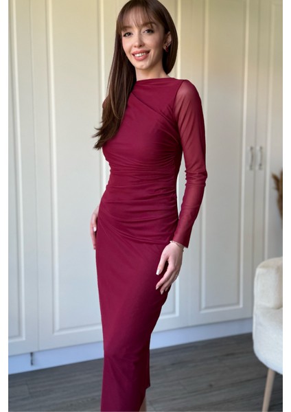 Drapeli Uzun Kollu Bordo Tül Elbise indirimleri