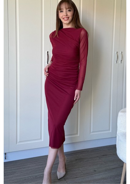 Drapeli Uzun Kollu Bordo Tül Elbise