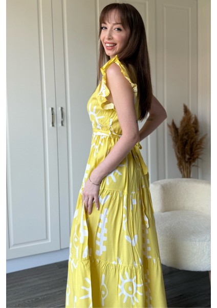 Kruvaze Sarı Desenli Midi Elbise