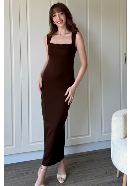 Kahverengi Askılı Maxi Elbise