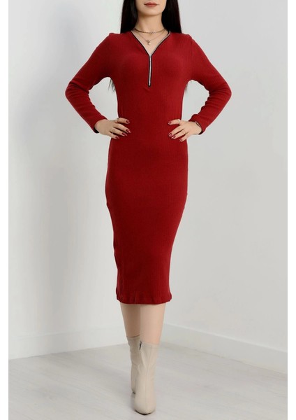 Fermuar Detaylı Fitilli Şardonlu Elbise Bordo modelleri