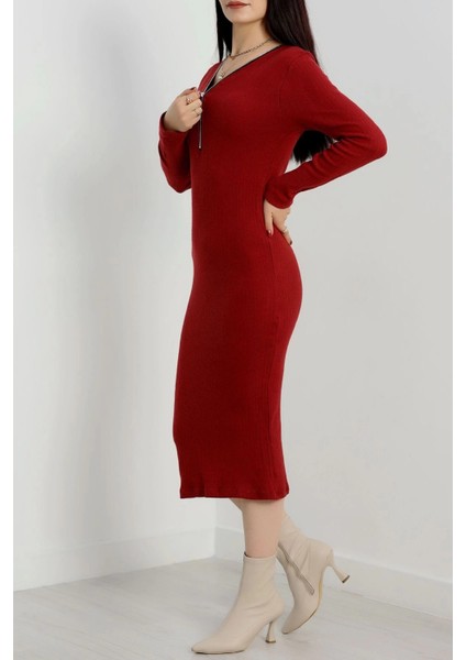 Fermuar Detaylı Fitilli Şardonlu Elbise Bordo indirimleri