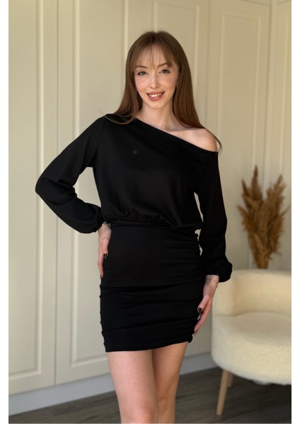 Kayık Yaka Modal Kumaş Cool Eteği Ayarlanabilir Mini Siyah Elbise