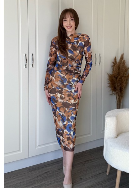 Drapeli Uzun Kol Karışık Desenli Midi Tül Elbise indirimleri