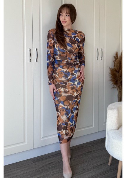 Drapeli Uzun Kol Karışık Desenli Midi Tül Elbise