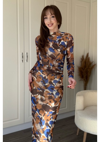 Drapeli Uzun Kol Karışık Desenli Midi Tül Elbise