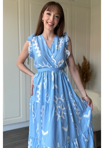 Kruvaze Mavi Desenli Midi Elbise