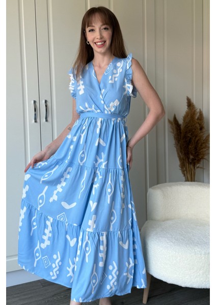 Kruvaze Mavi Desenli Midi Elbise modelleri