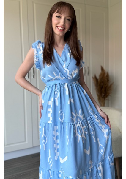 Kruvaze Mavi Desenli Midi Elbise fiyatları