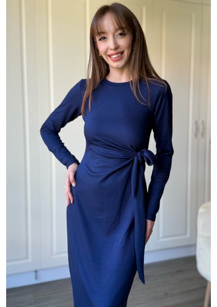 Bağlamalı Modal Uzun Kollu Midi Lacivert Elbise