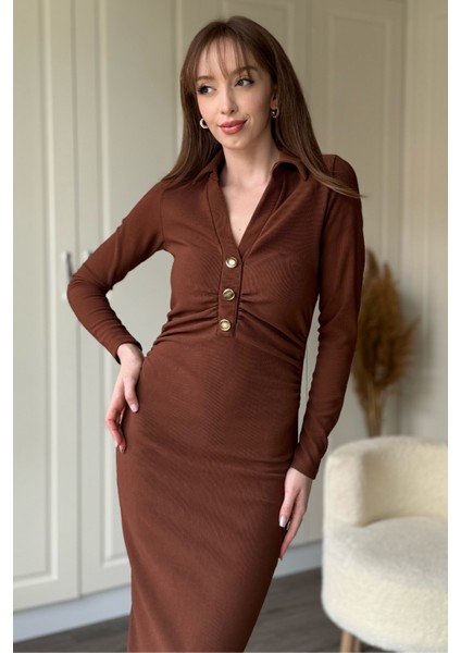 Ribana Kumaş Gold Düğmeli V Yaka Kahverengi Midi Elbise indirimleri