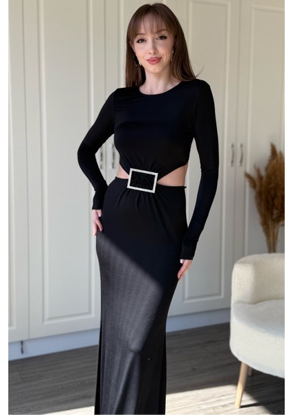 Taş Aksesuarlı Bel ve Karın Dekolteli Maxi Abiye Siyah Elbise