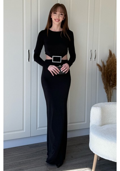 Taş Aksesuarlı Bel ve Karın Dekolteli Maxi Abiye Siyah Elbise fiyatları