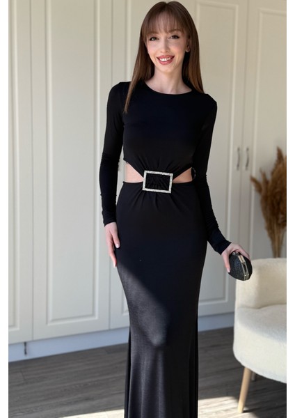 Taş Aksesuarlı Bel ve Karın Dekolteli Maxi Abiye Siyah Elbise modelleri