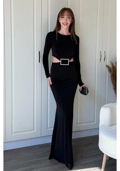 Taş Aksesuarlı Bel ve Karın Dekolteli Maxi Abiye Siyah Elbise fırsatları