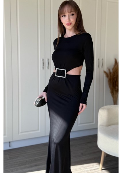 Taş Aksesuarlı Bel ve Karın Dekolteli Maxi Abiye Siyah Elbise indirimleri