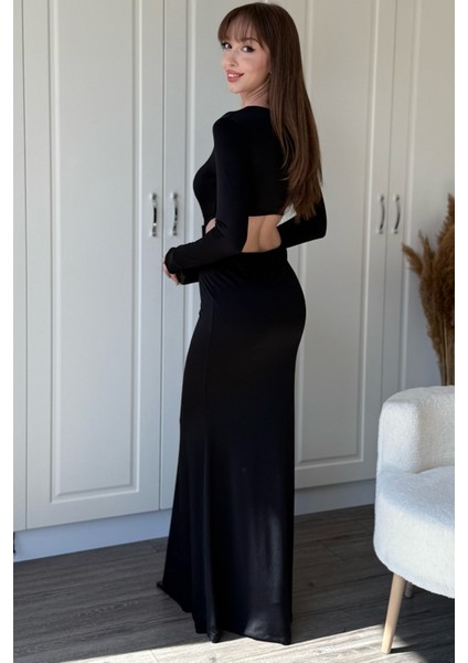 Taş Aksesuarlı Bel ve Karın Dekolteli Maxi Abiye Siyah Elbise