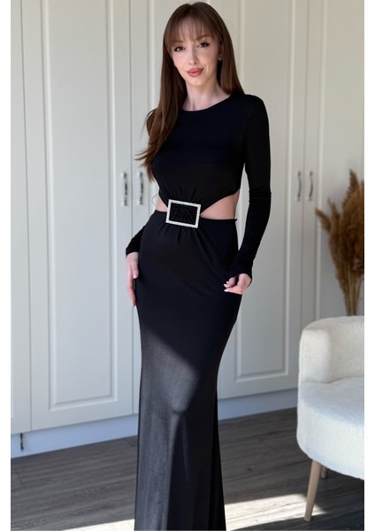 Taş Aksesuarlı Bel ve Karın Dekolteli Maxi Abiye Siyah Elbise