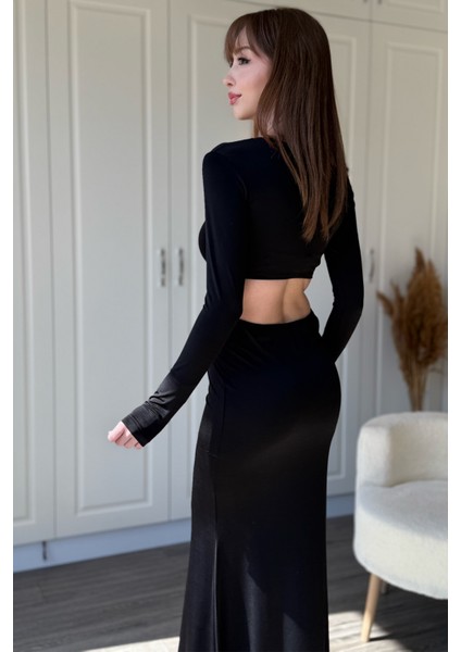 Taş Aksesuarlı Bel ve Karın Dekolteli Maxi Abiye Siyah Elbise